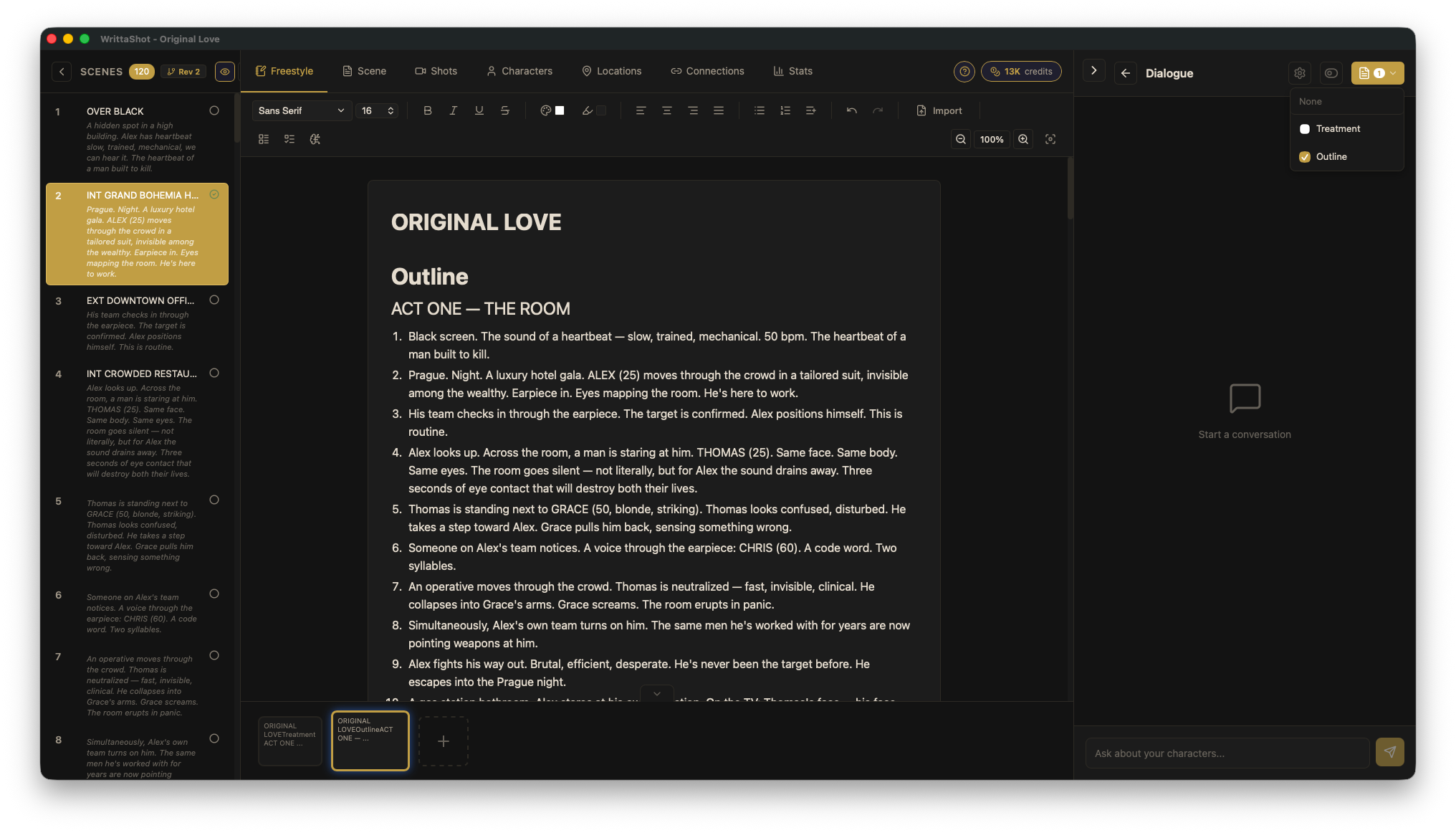 WrittaShot Freestyle outline view with sidebar navigation