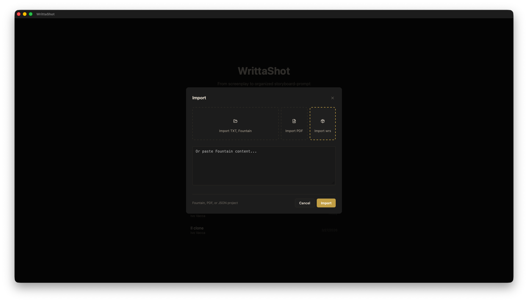 Import dialog